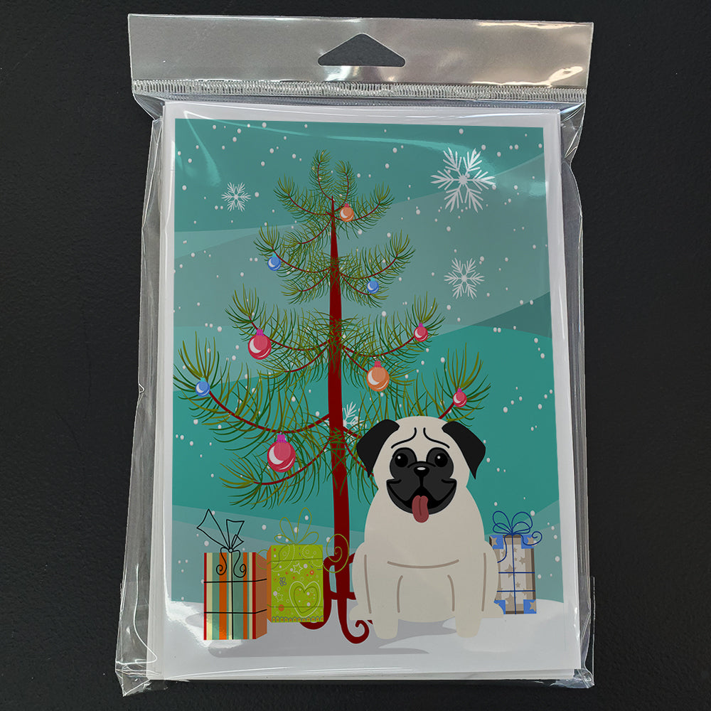 Merry Christmas Tree Pug Cream Greeting Cards Pack of 8