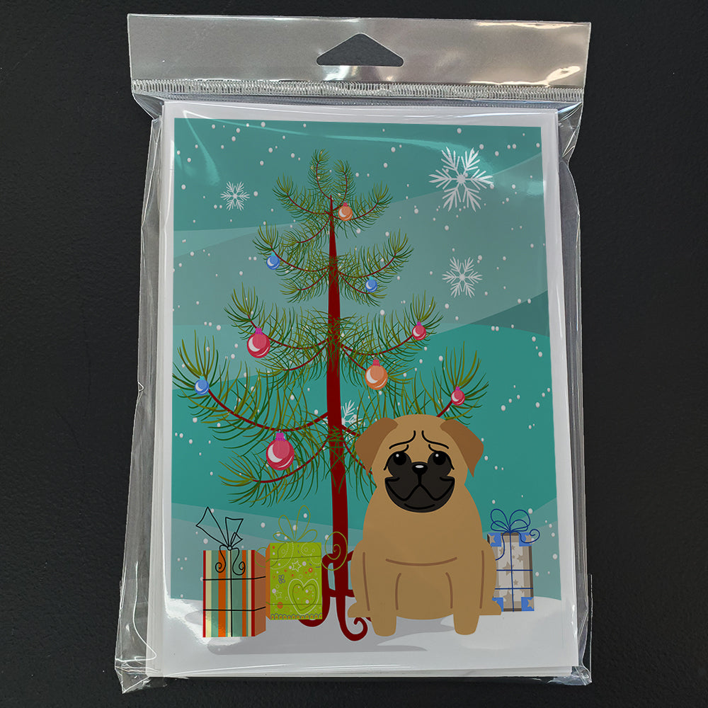Merry Christmas Tree Pug Brown Greeting Cards Pack of 8