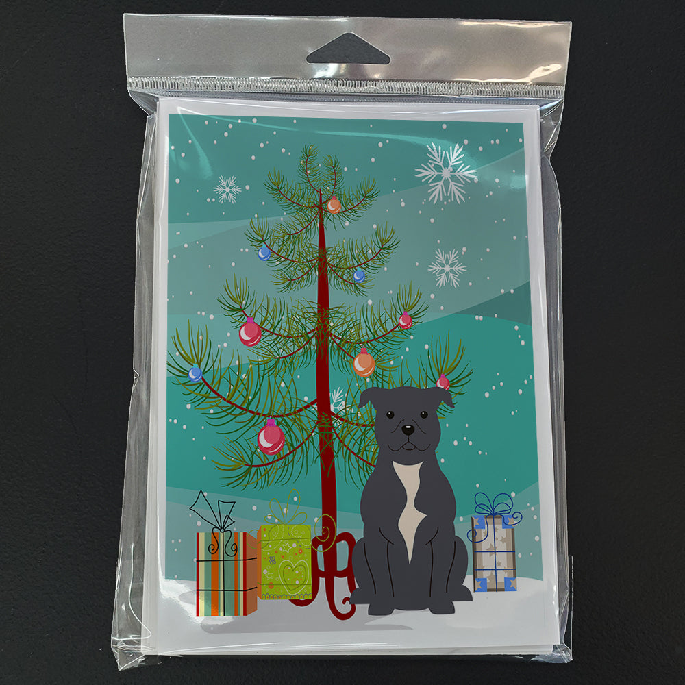 Merry Christmas Tree Staffordshire Bull Terrier Blue Greeting Cards Pack of 8