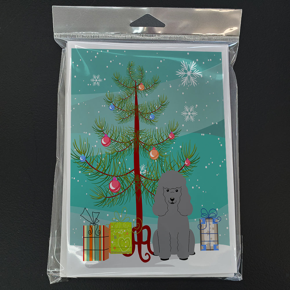 Merry Christmas Tree Poodle Silver Greeting Cards Pack of 8