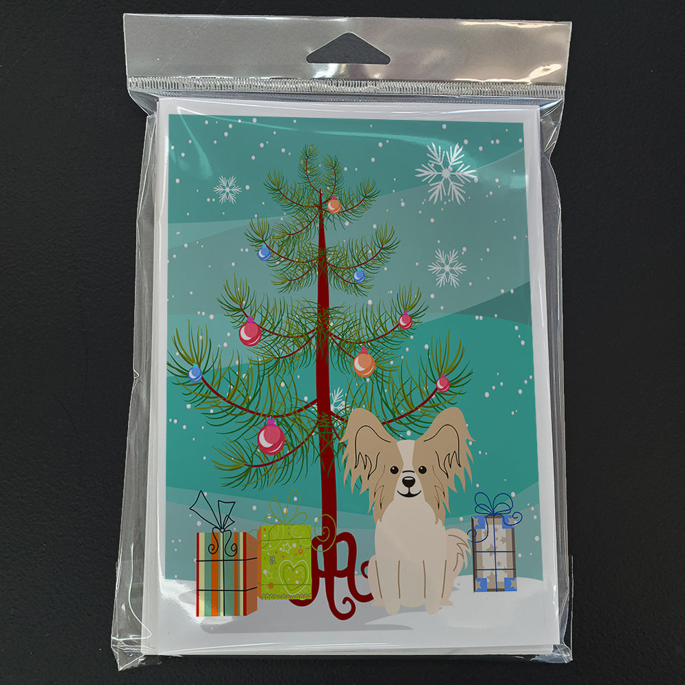 Merry Christmas Tree Papillon Sable White Greeting Cards Pack of 8
