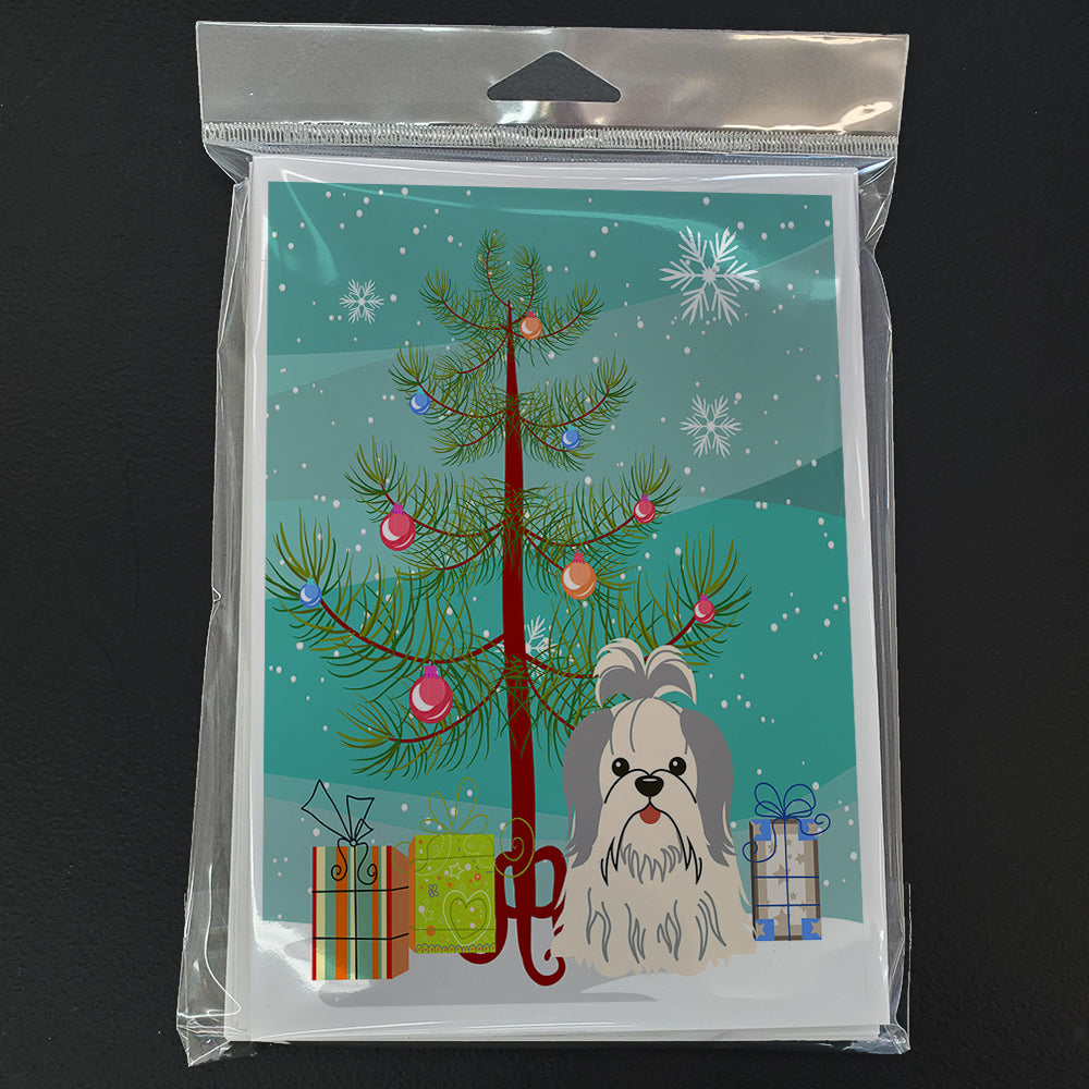 Merry Christmas Tree Shih Tzu Silver White Greeting Cards Pack of 8