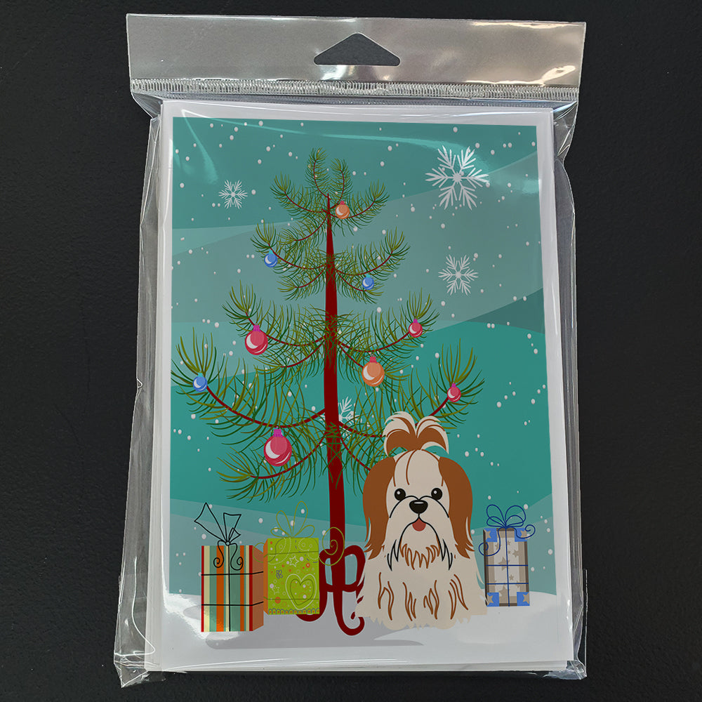Merry Christmas Tree Shih Tzu Red White Greeting Cards Pack of 8