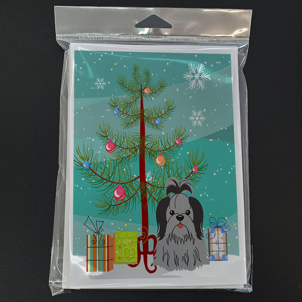 Merry Christmas Tree Shih Tzu Black Silver Greeting Cards Pack of 8