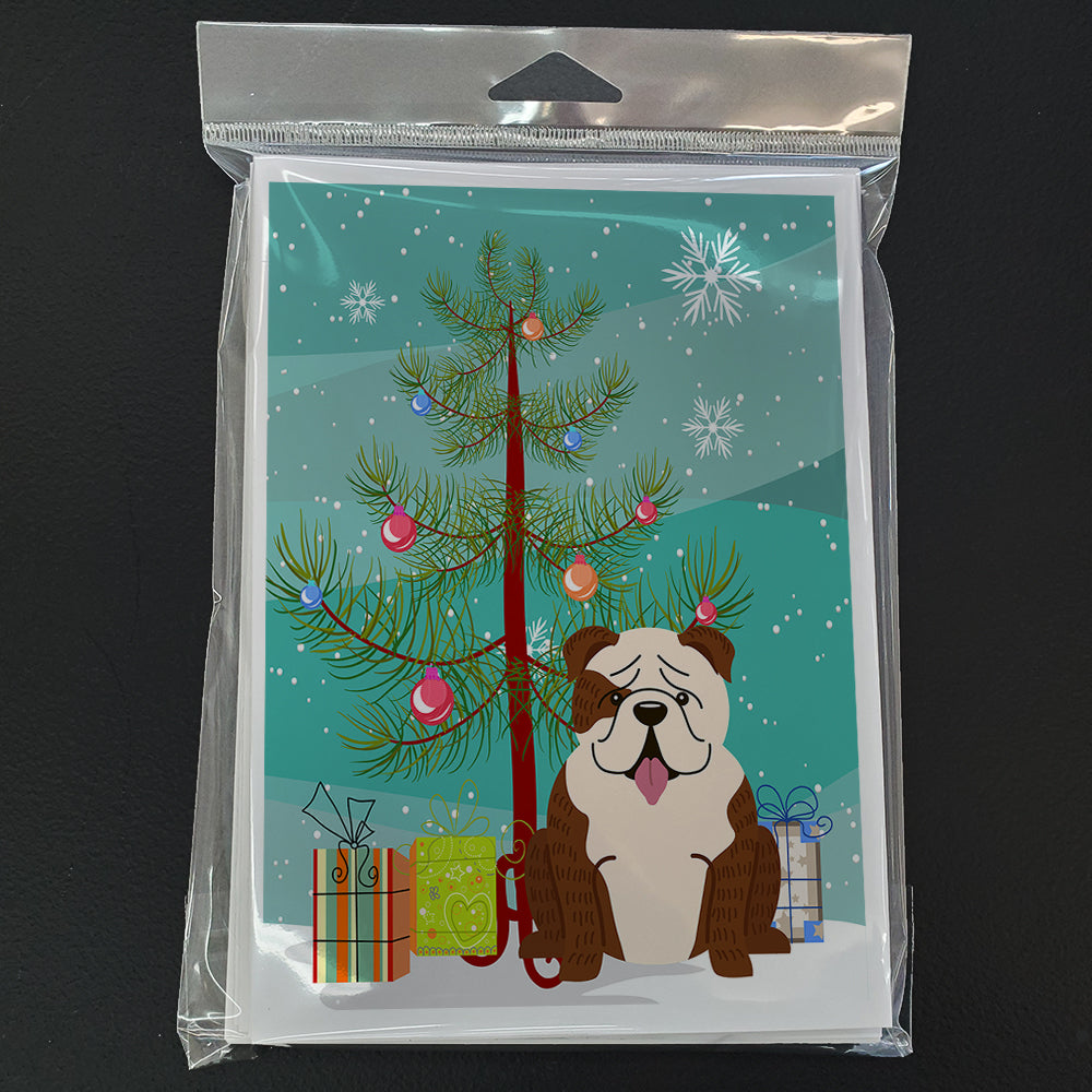 Merry Christmas Tree English Bulldog Brindle White Greeting Cards Pack of 8