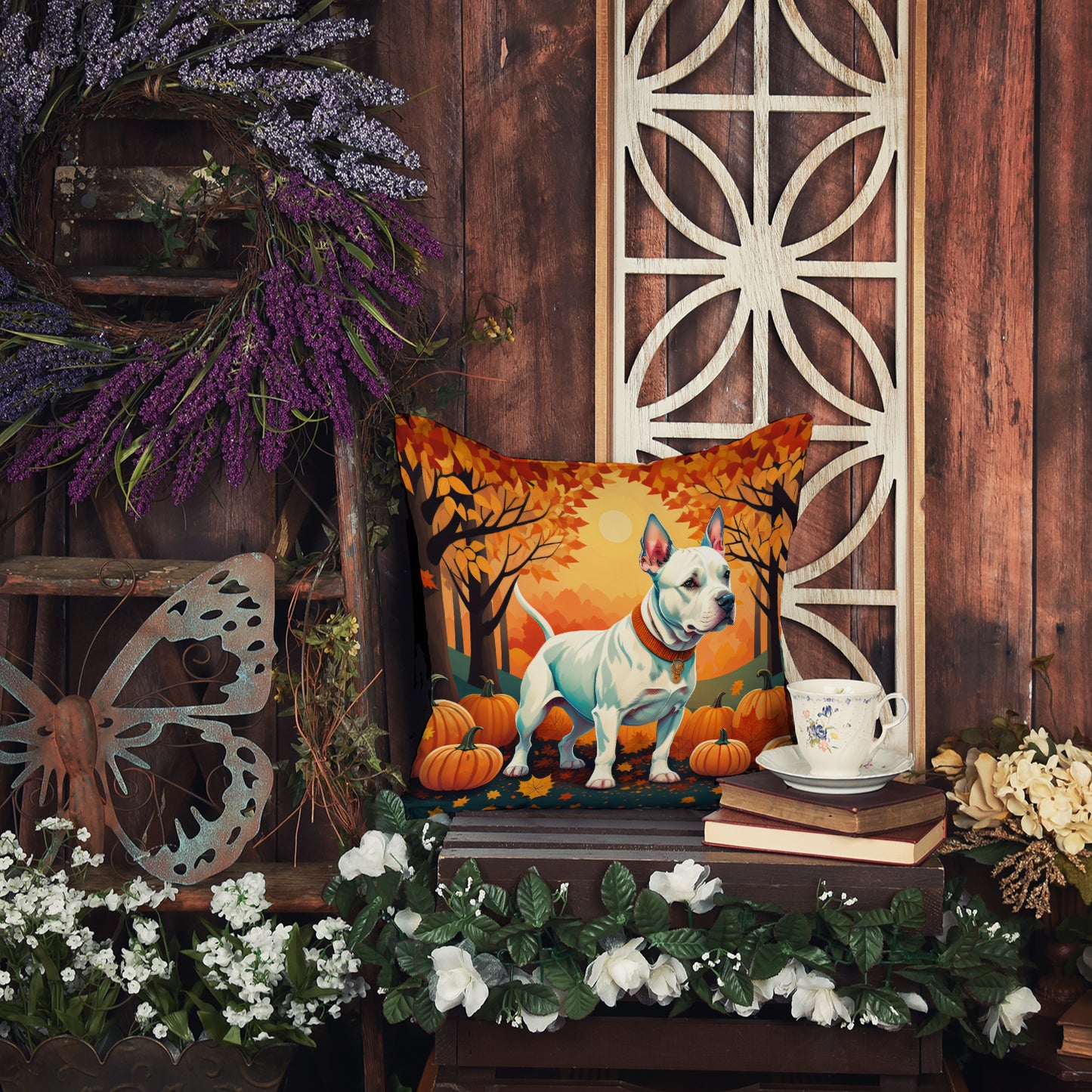 White Pit Bull Terrier Fall Throw Pillow