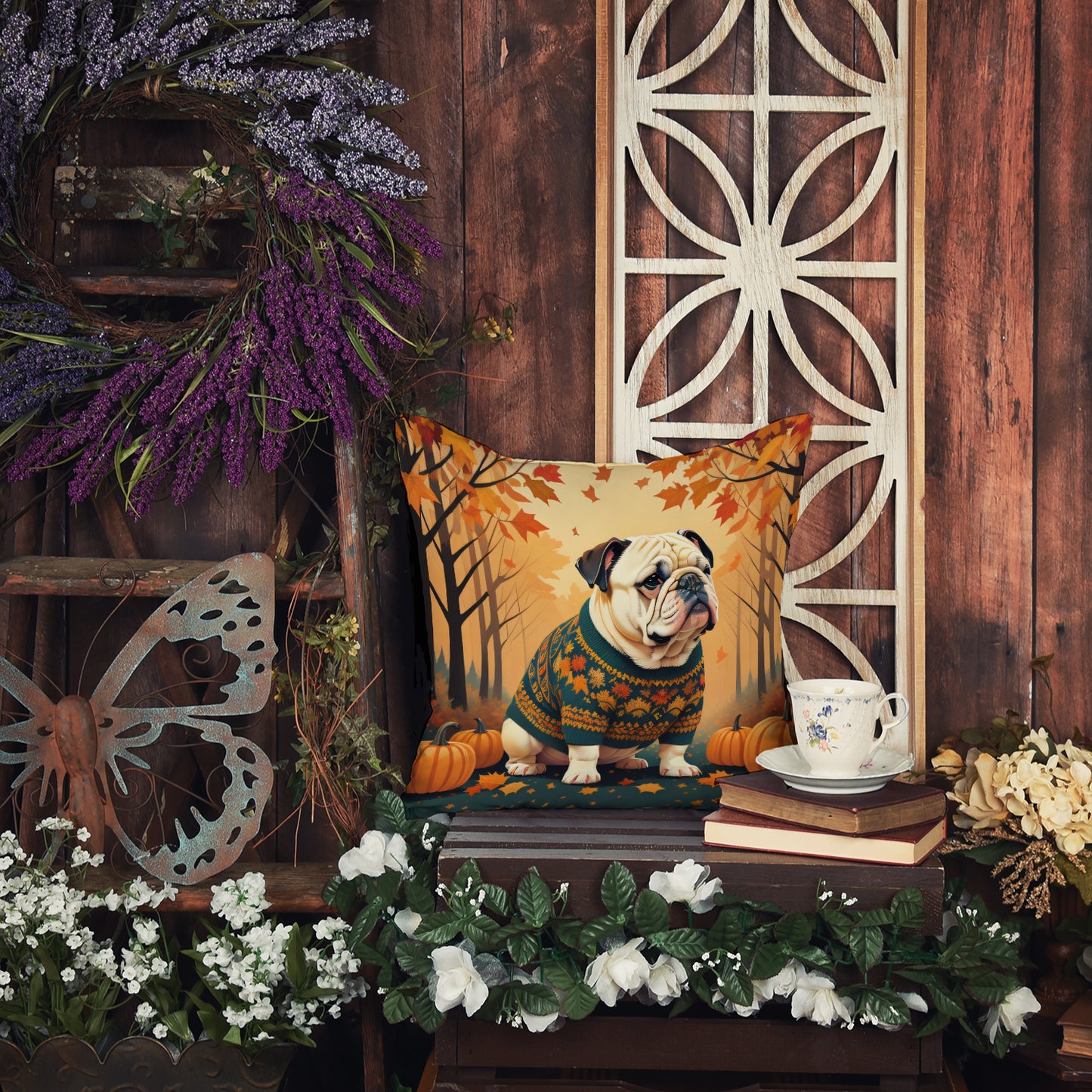 White English Bulldog Fall Throw Pillow