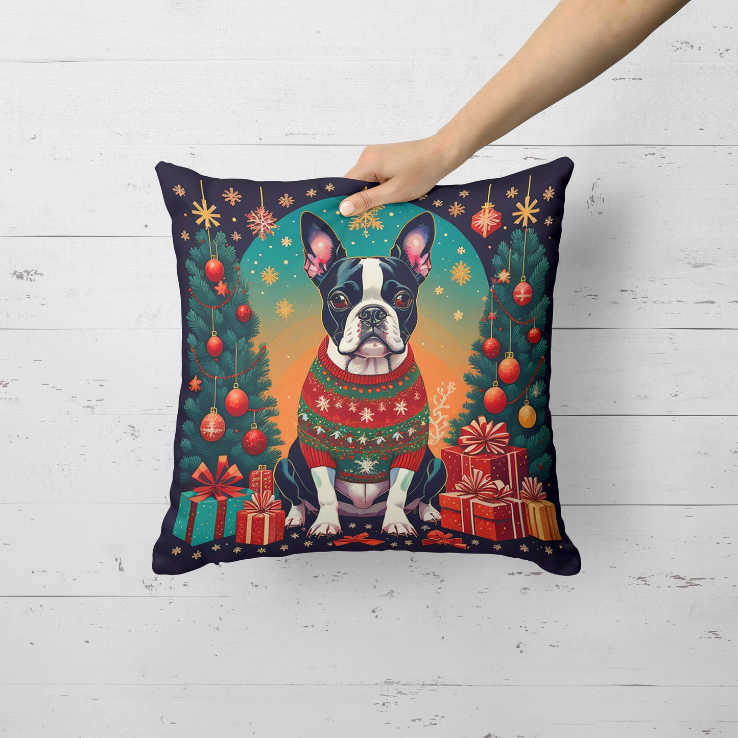 Boston Terrier Christmas Throw Pillow