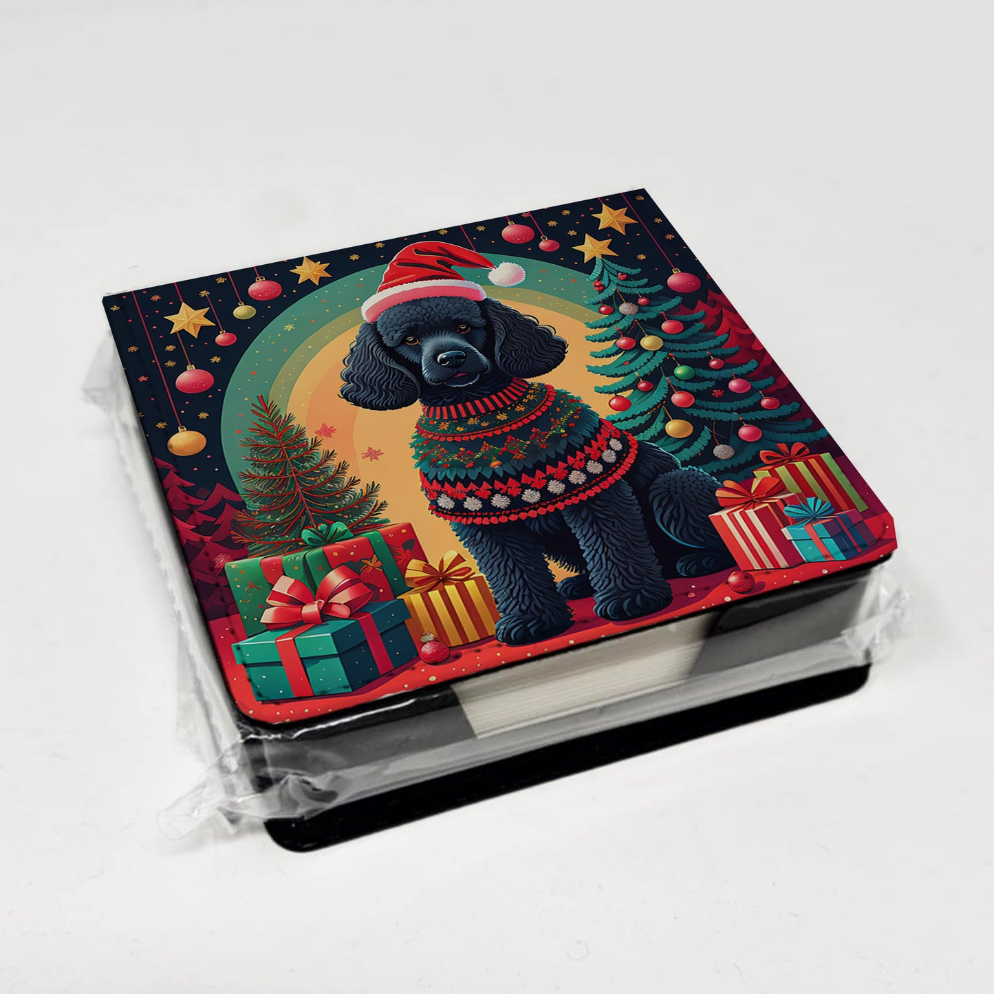 Black Poodle Christmas PU Leather Note Paper Holder