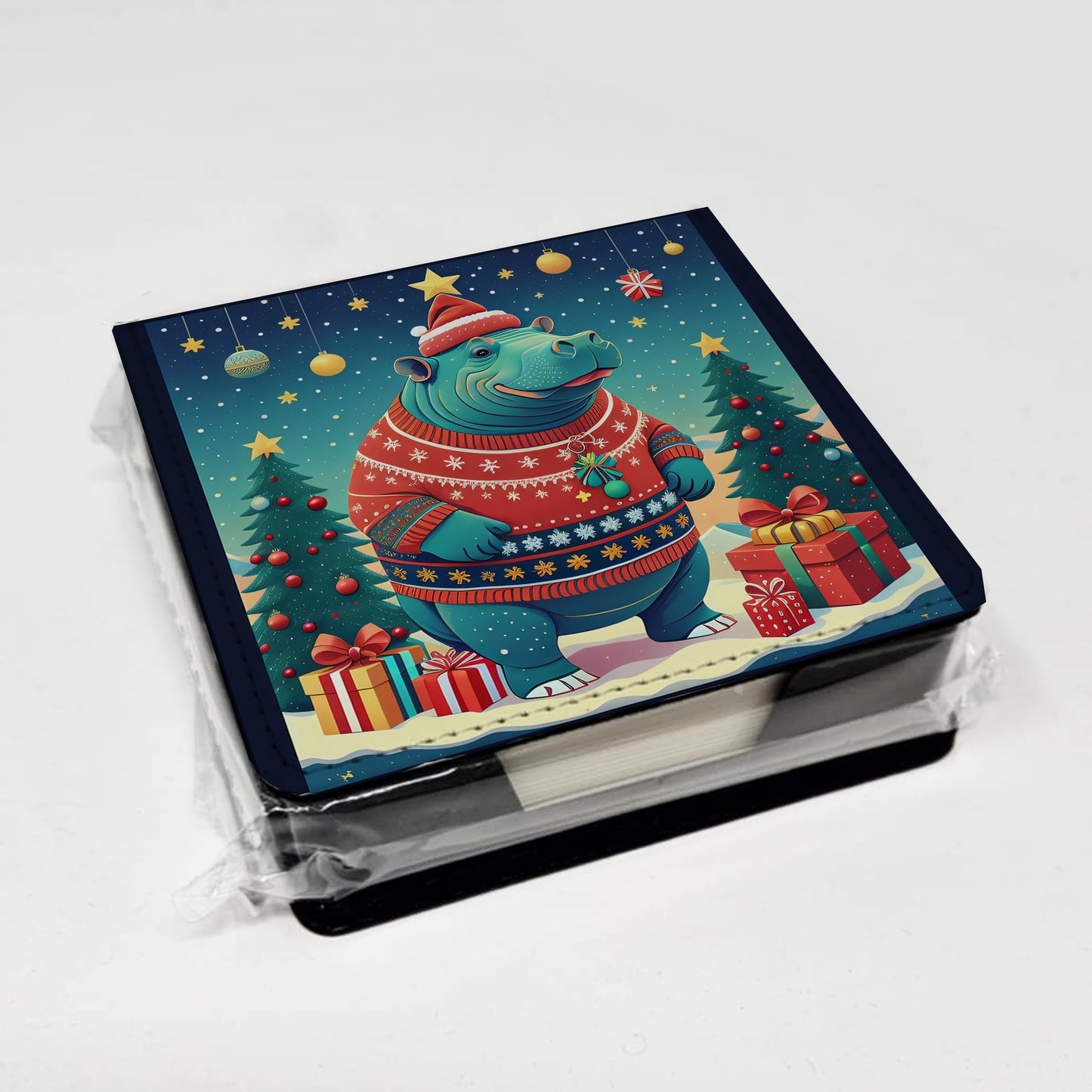 Hippopotamus Christmas PU Leather Note Paper Holder