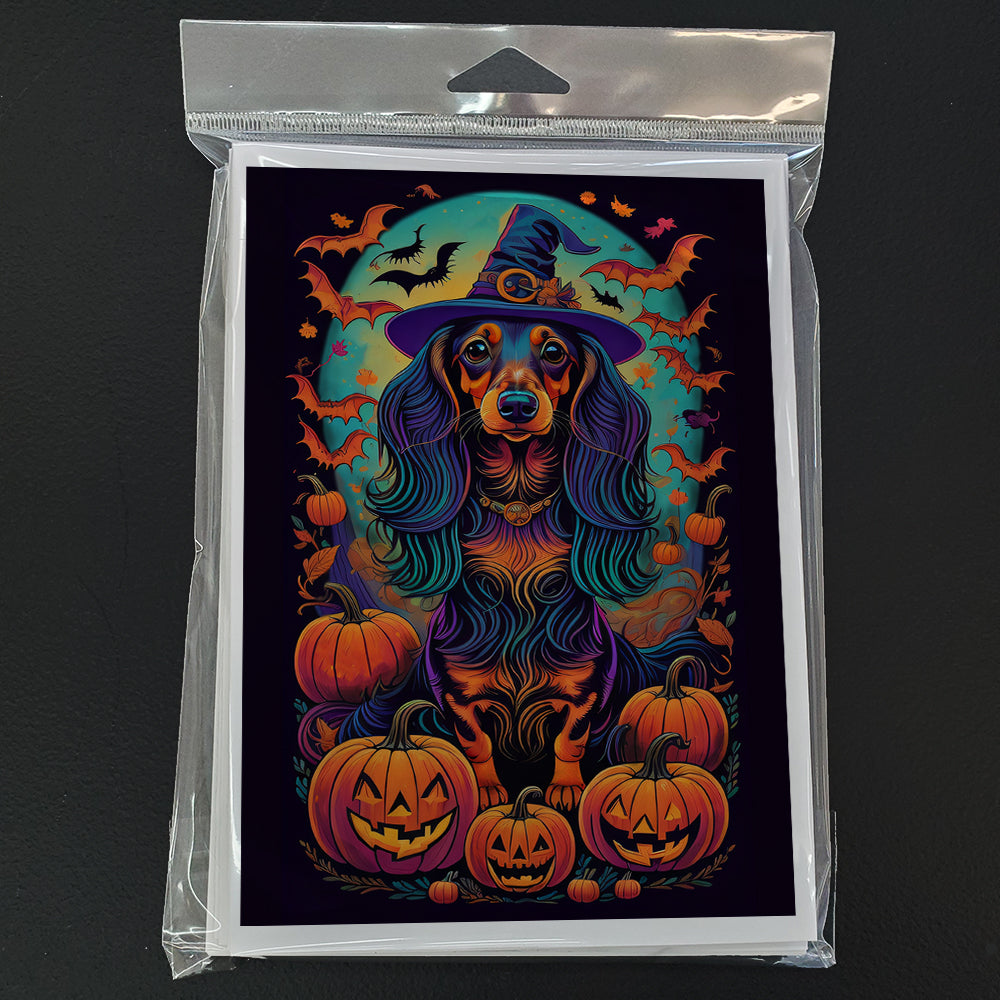 Longhair Black and Tan Dachshund Witchy Halloween Greeting Cards Pack of 8