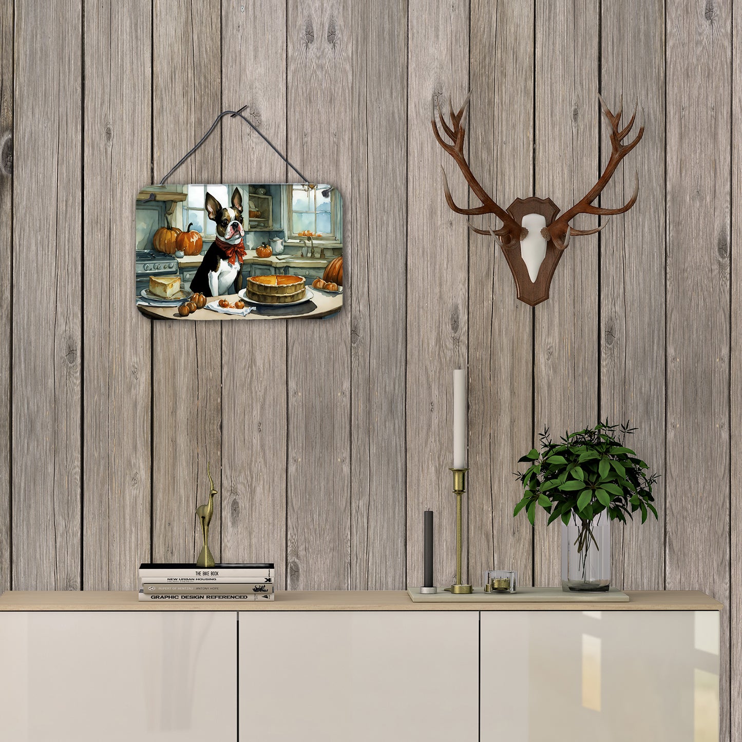 Boston Terrier Fall Kitchen Pumpkins Wall or Door Hanging Prints
