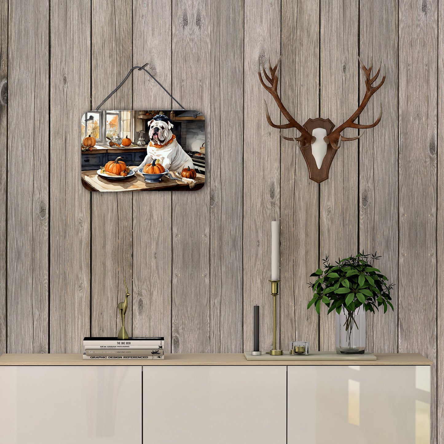 English Bulldog Fall Kitchen Pumpkins Wall or Door Hanging Prints