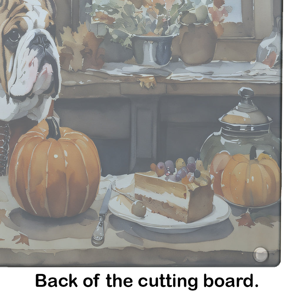 English Bulldog Fall Kitchen Pumpkins Glass Cutting Board