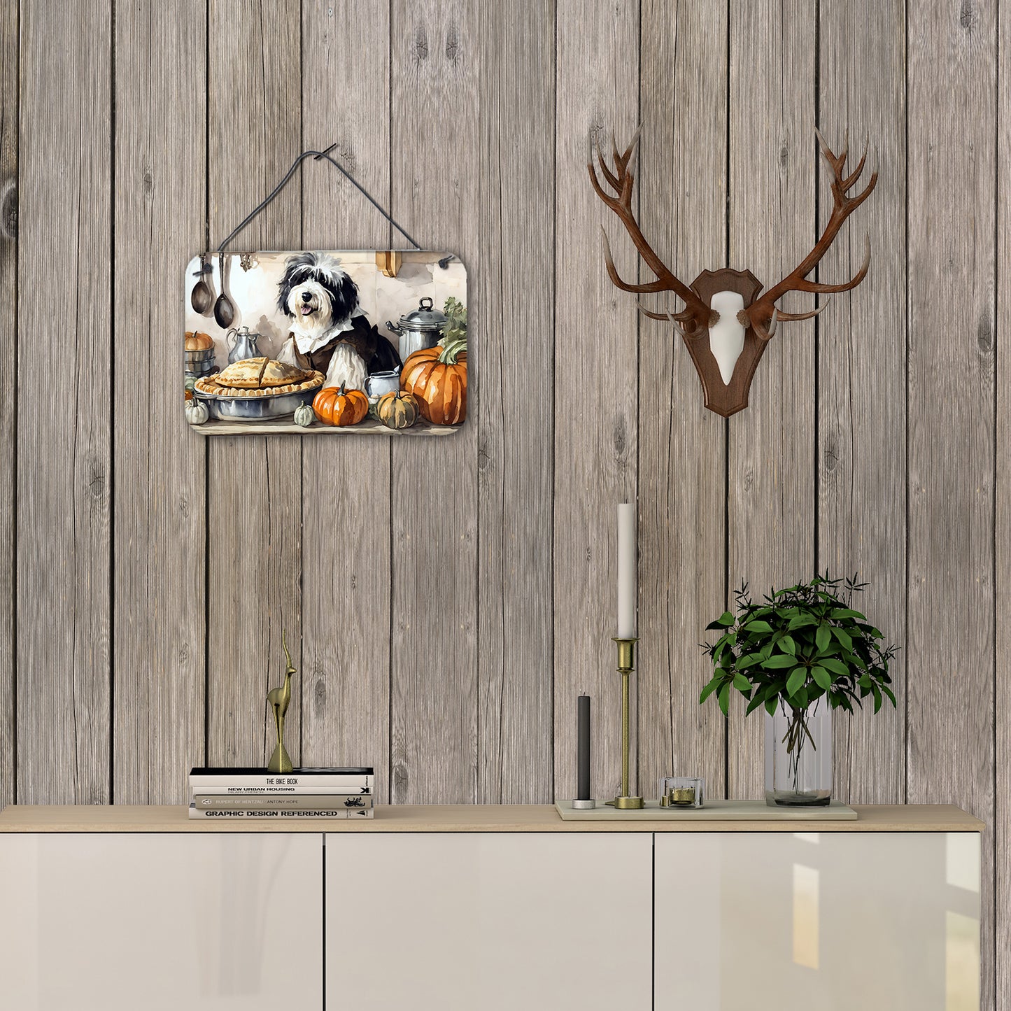 Old English Sheepdog Fall Kitchen Pumpkins Wall or Door Hanging Prints