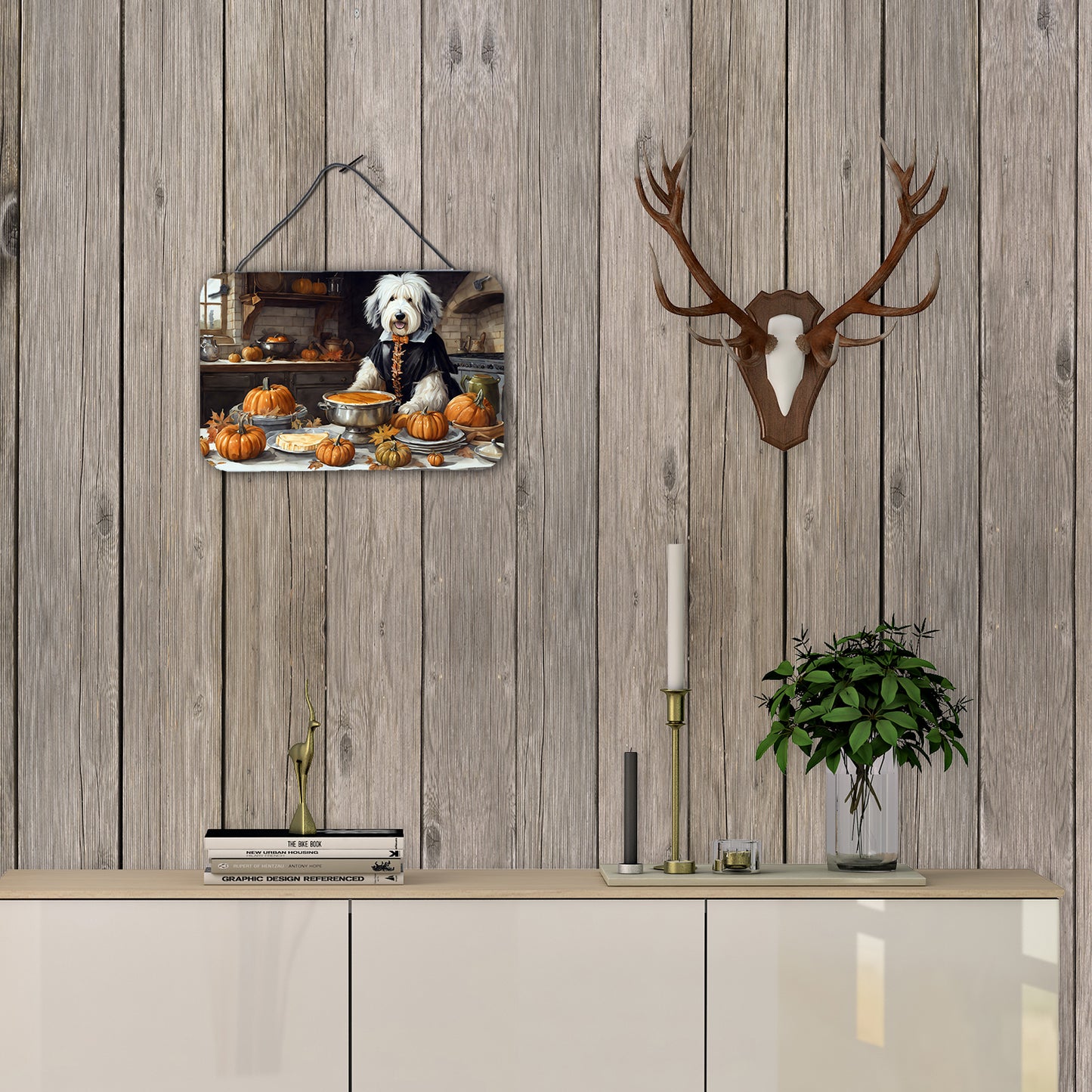Old English Sheepdog Fall Kitchen Pumpkins Wall or Door Hanging Prints