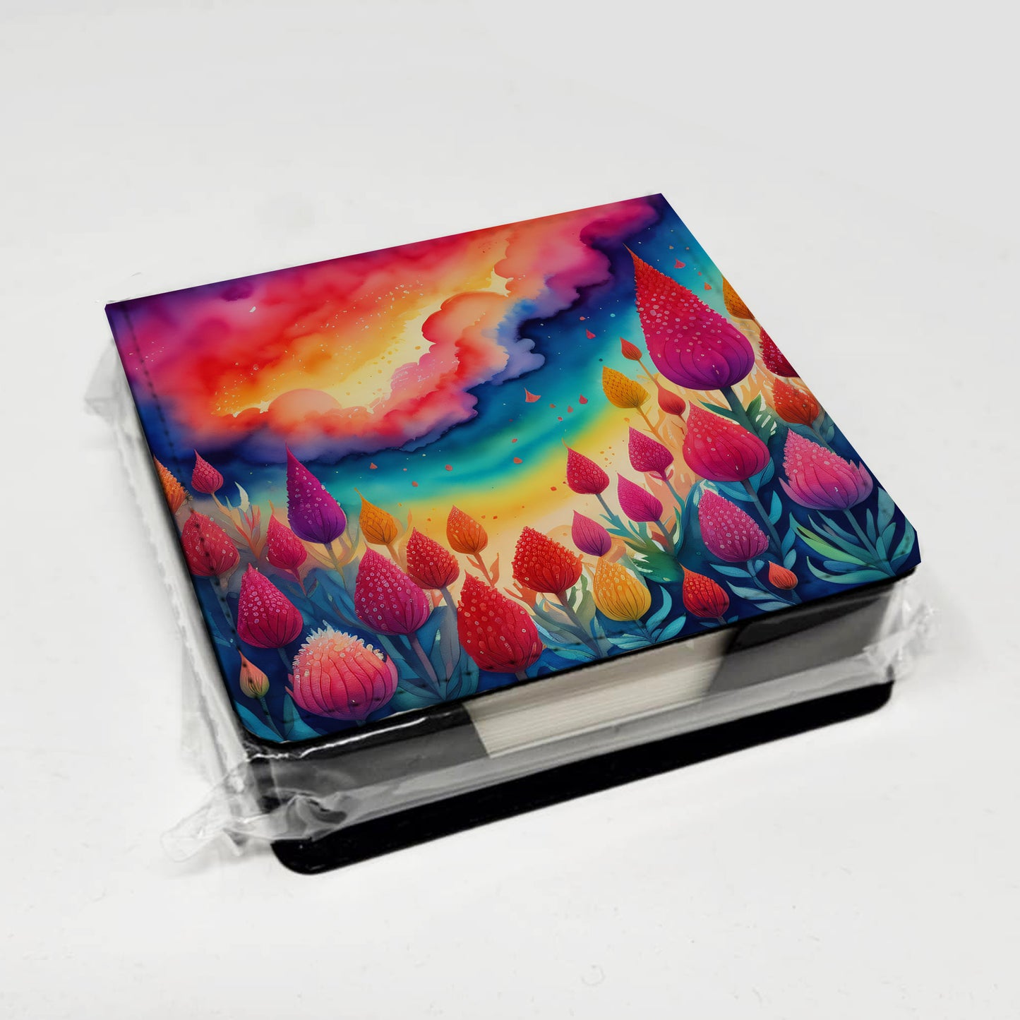 Colorful Celosia PU Leather Note Paper Holder