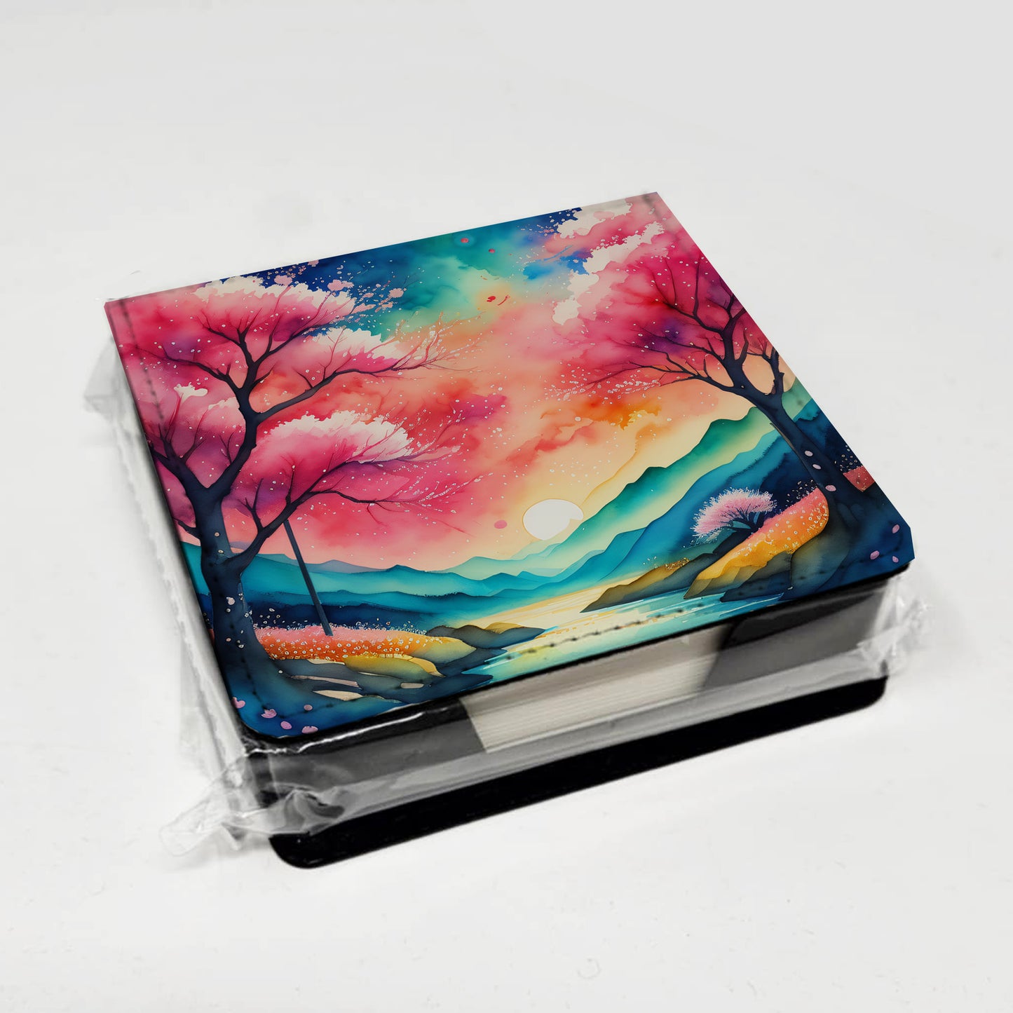 Colorful Cherry Blossoms PU Leather Note Paper Holder