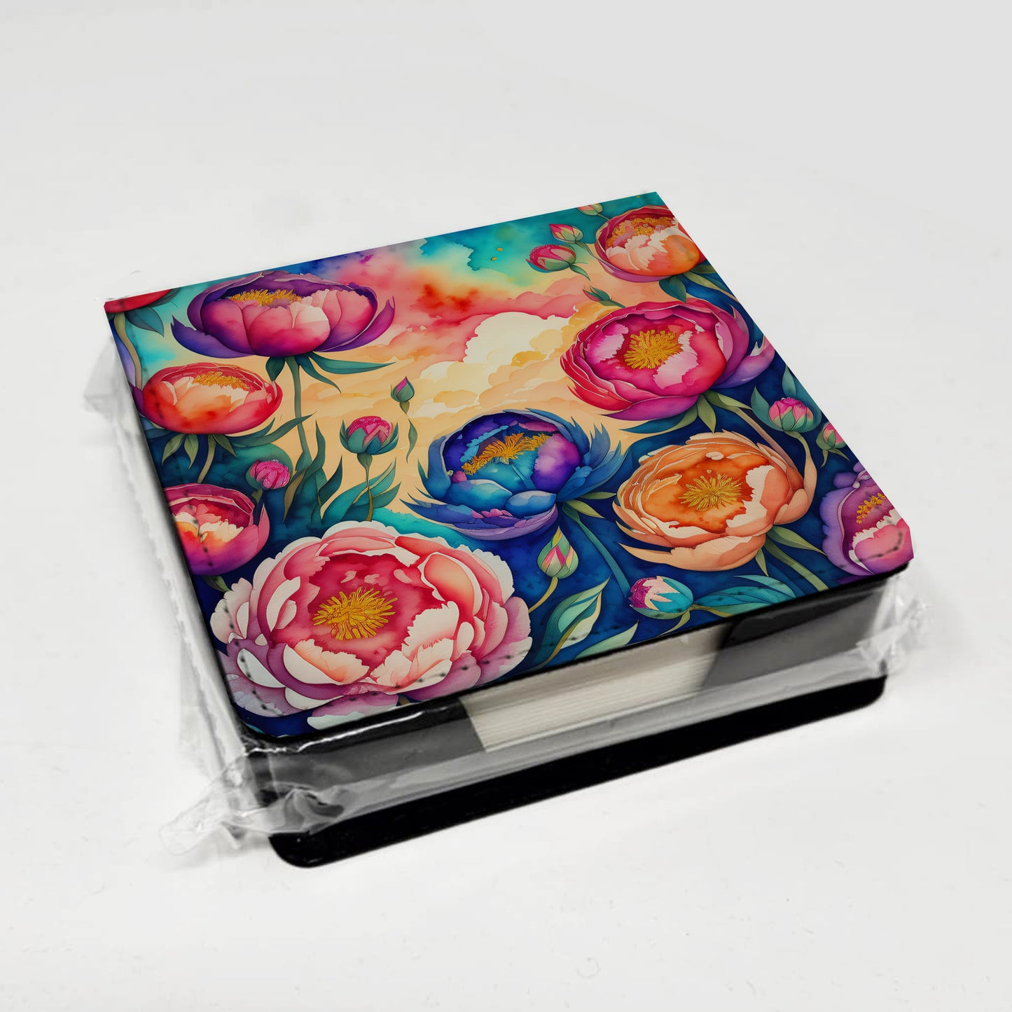 Colorful Peonies PU Leather Note Paper Holder