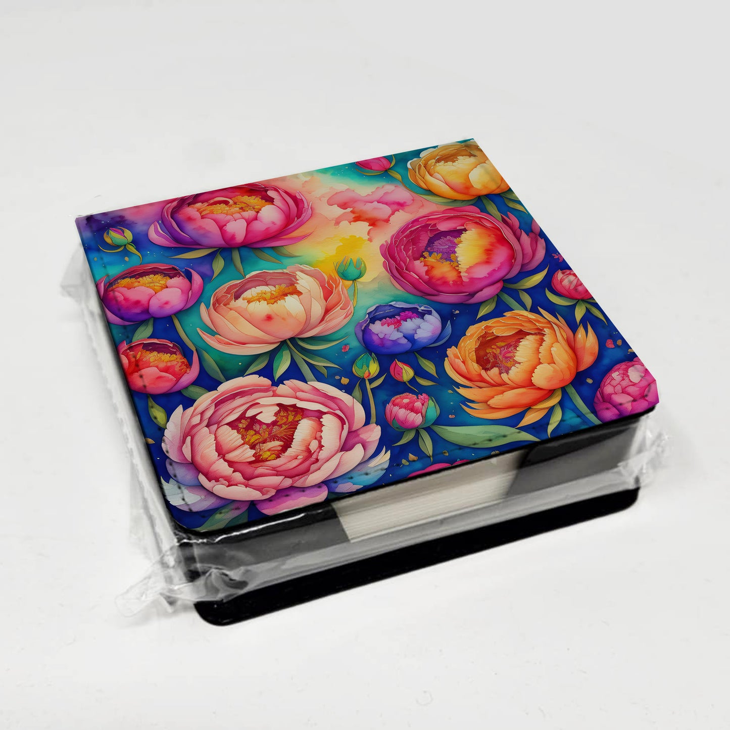 Colorful Peonies PU Leather Note Paper Holder