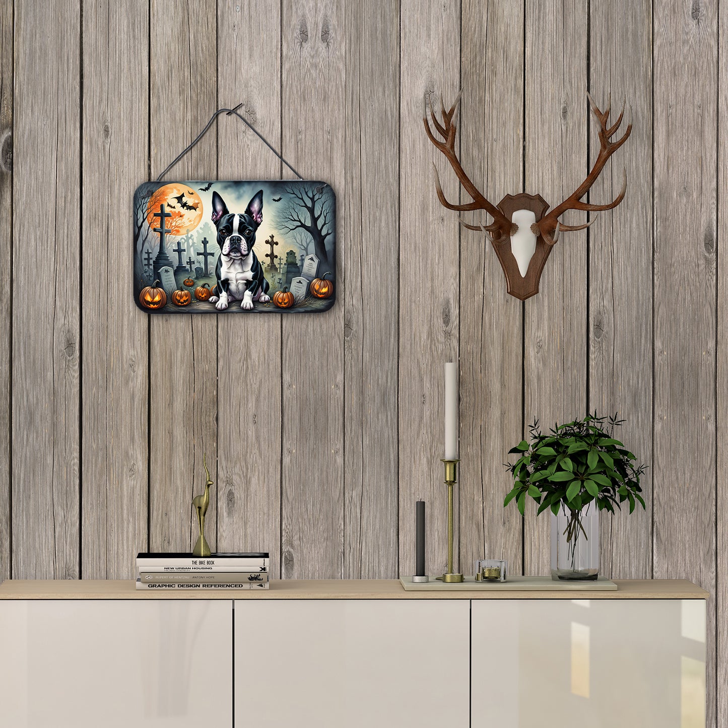 Boston Terrier Spooky Halloween Wall or Door Hanging Prints