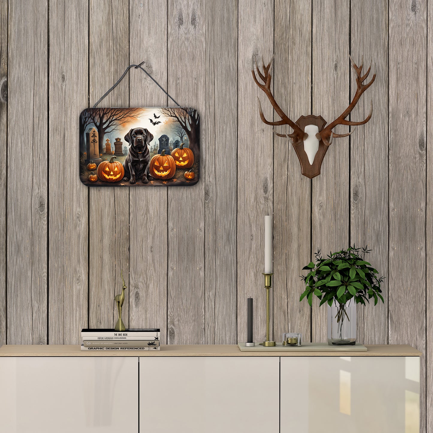 Chocolate Labrador Retriever Spooky Halloween Wall or Door Hanging Prints