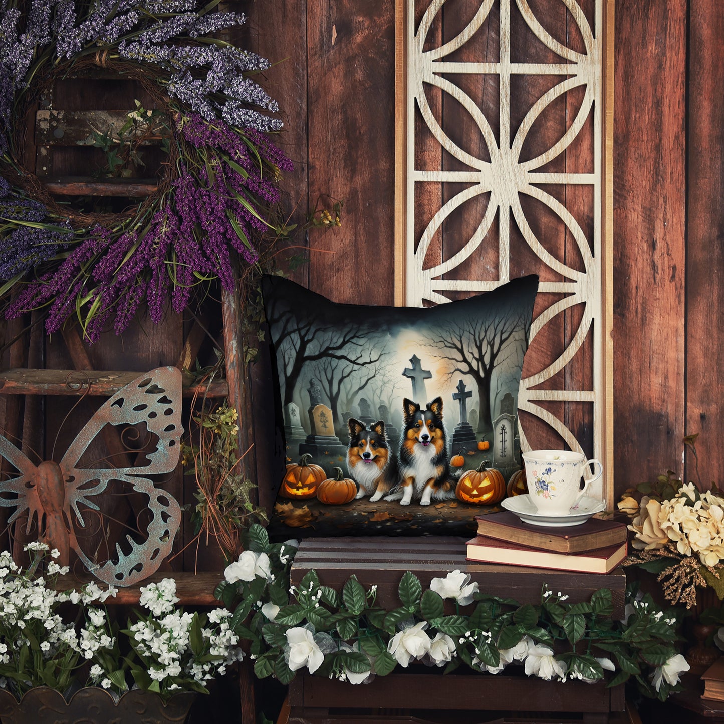 Sheltie Spooky Halloween Throw Pillow