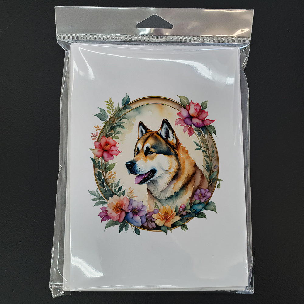 Akita and Flowers Greeting Cards Pack of 8