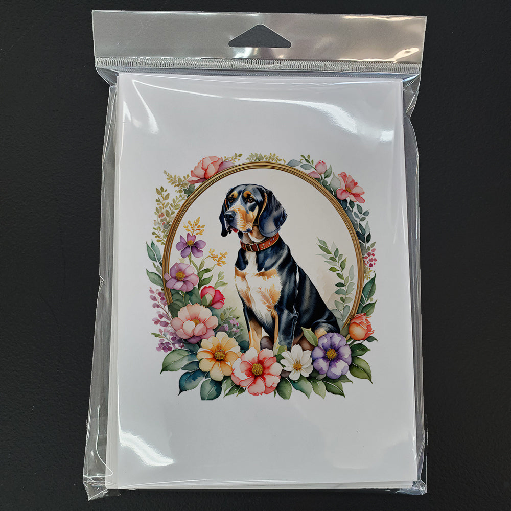 American English Coonhound and Flowers Greeting Cards Pack of 8