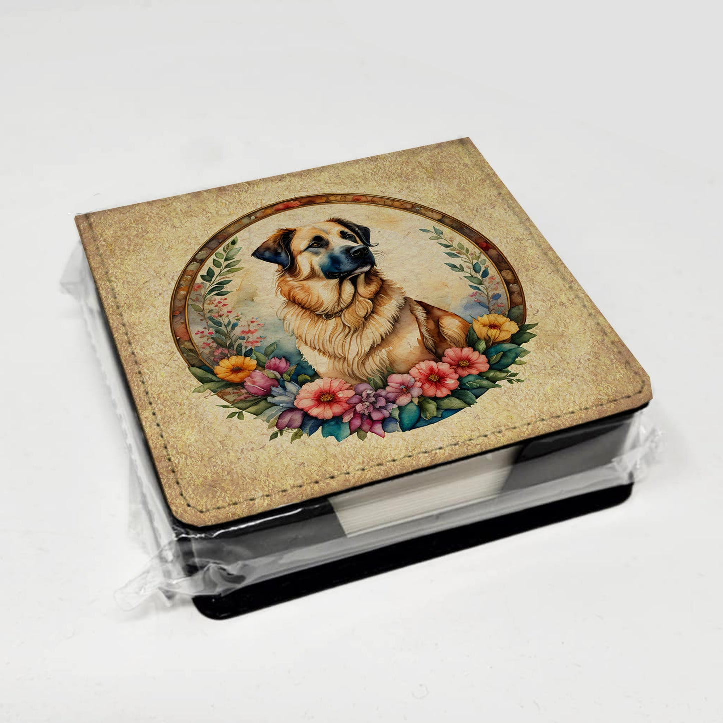 Anatolian Shepherd Dog and Flowers PU Leather Note Paper Holder