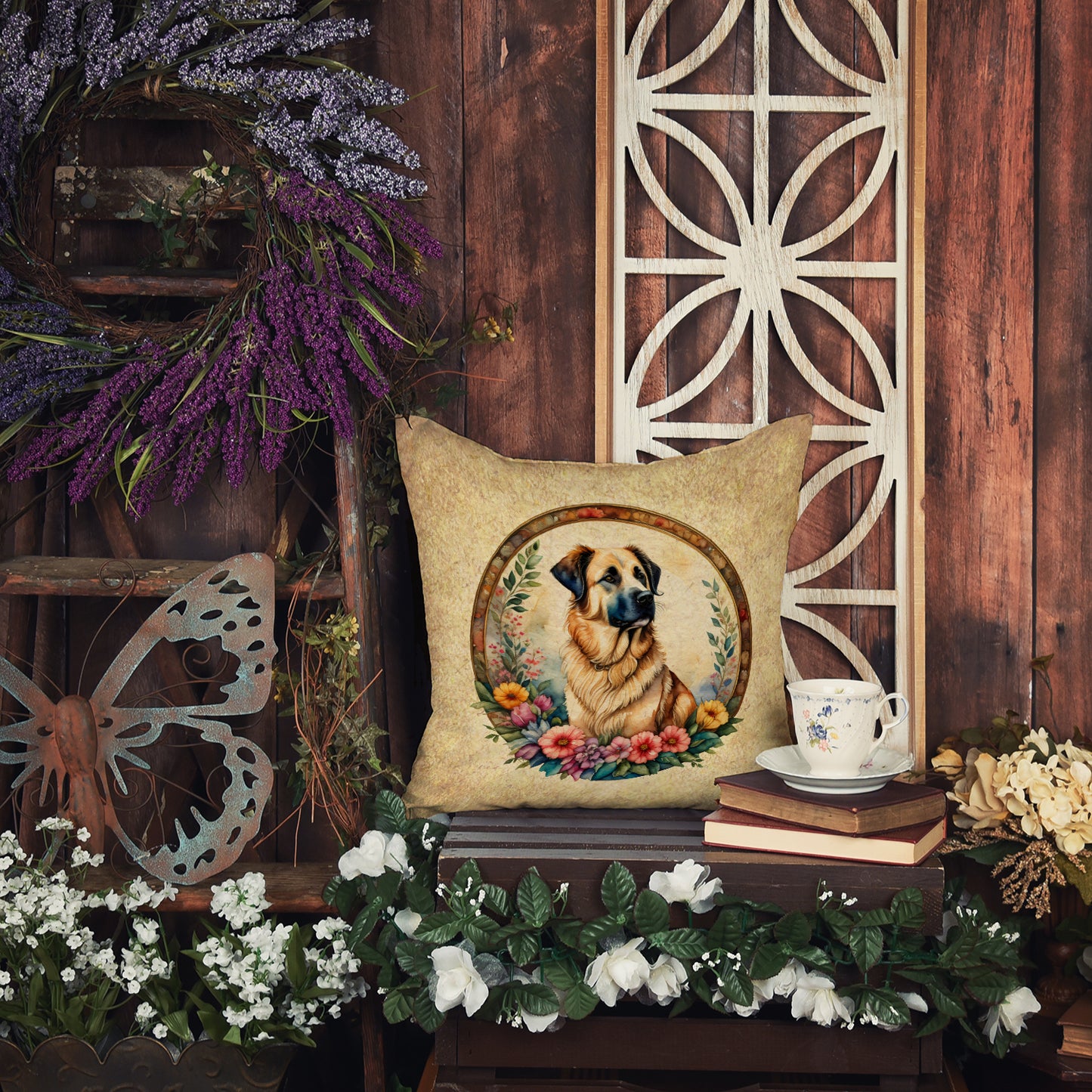 Anatolian Shepherd Dog and Flowers Throw Pillow