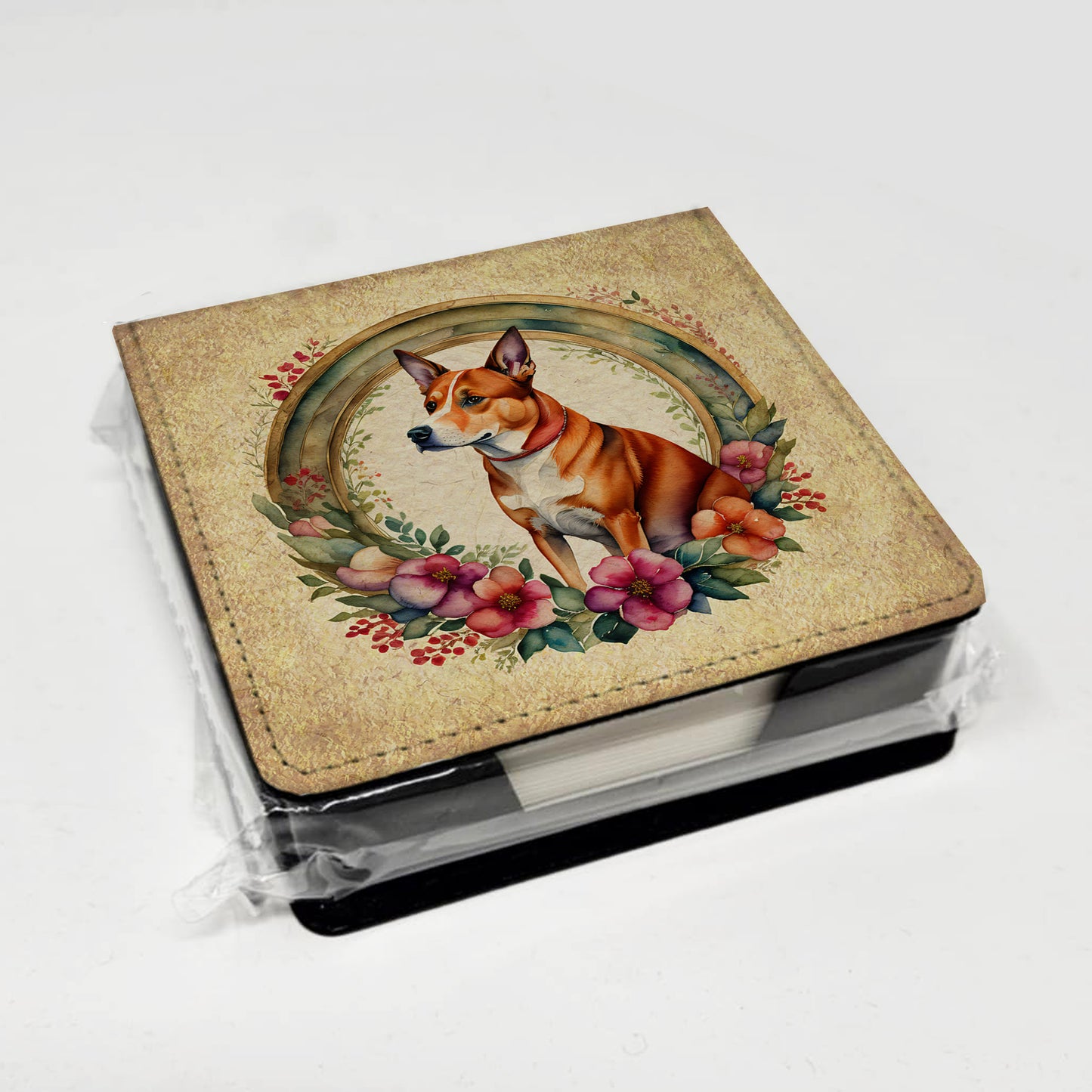 Basenji and Flowers PU Leather Note Paper Holder