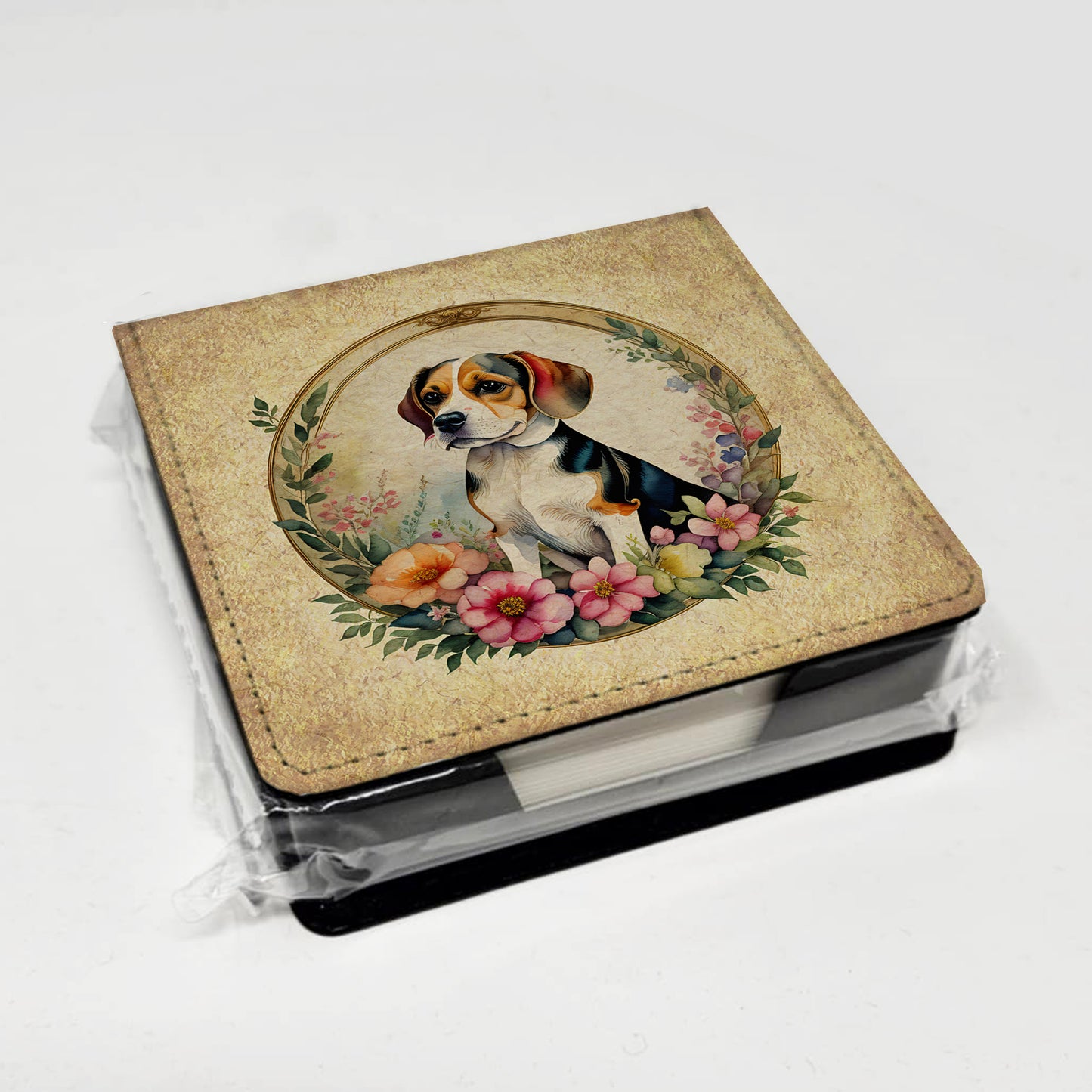 Beagle and Flowers PU Leather Note Paper Holder