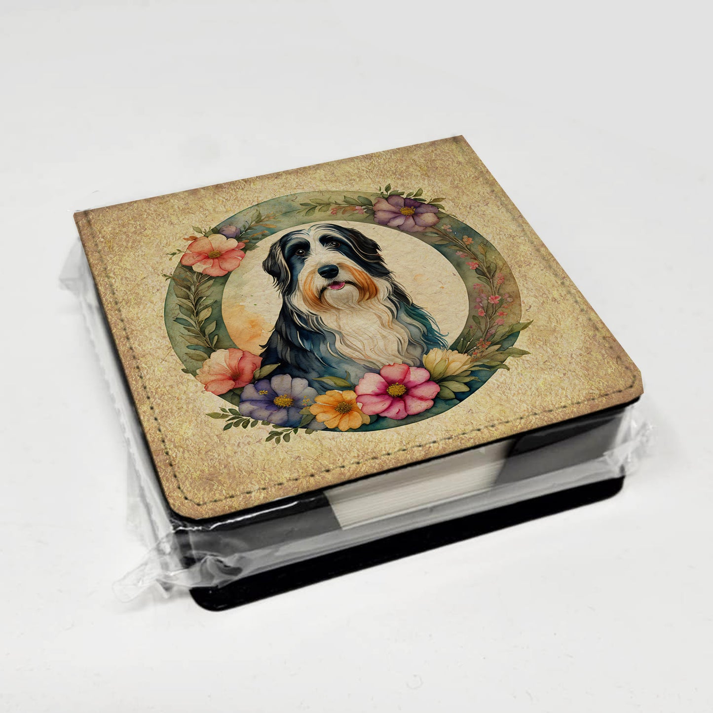 Bearded Collie and Flowers PU Leather Note Paper Holder