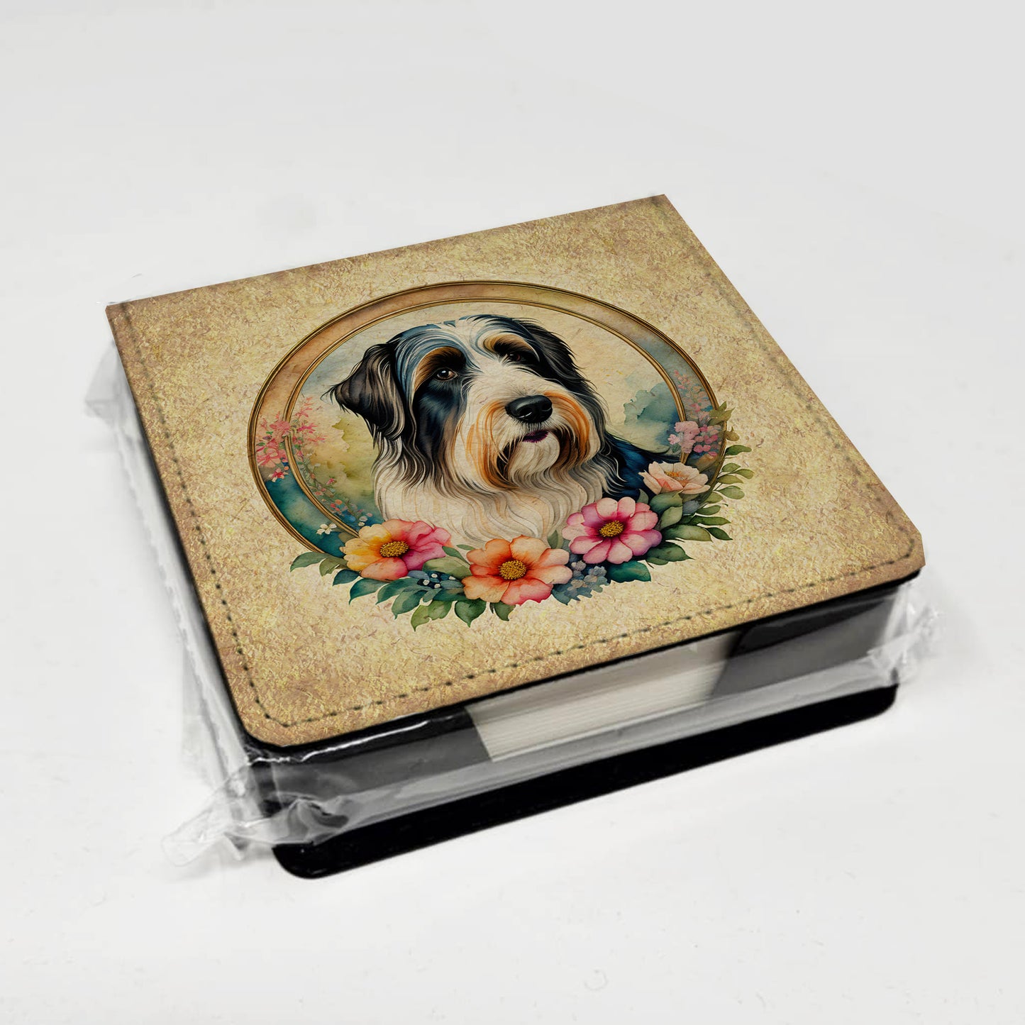 Bearded Collie and Flowers PU Leather Note Paper Holder