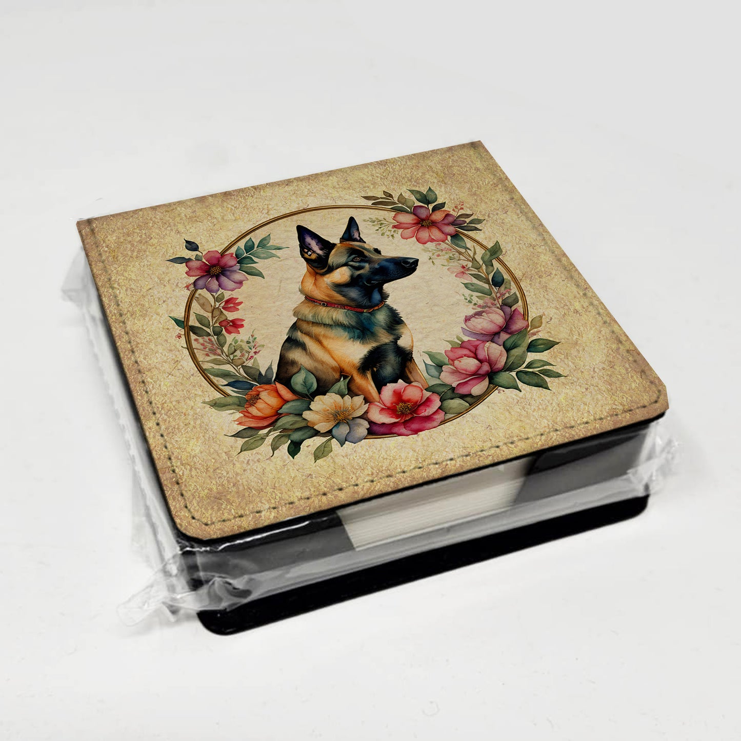 Belgian Malinois and Flowers PU Leather Note Paper Holder