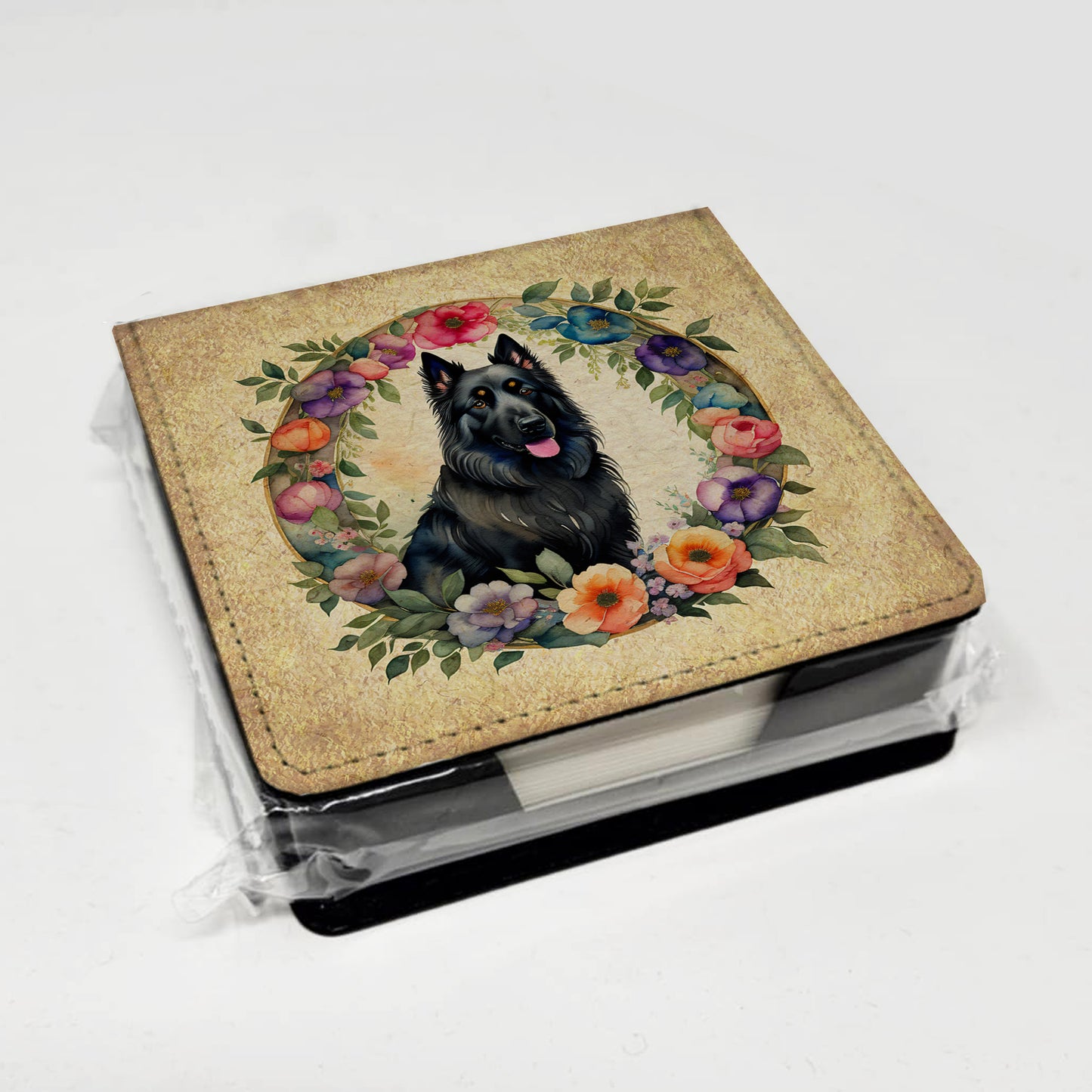 Belgian Sheepdog and Flowers PU Leather Note Paper Holder