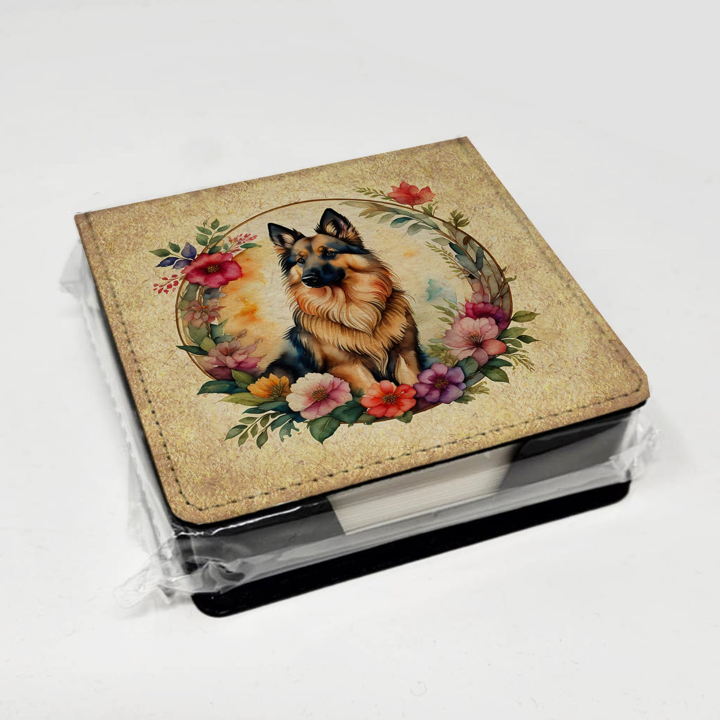 Belgian Tervuren and Flowers PU Leather Note Paper Holder