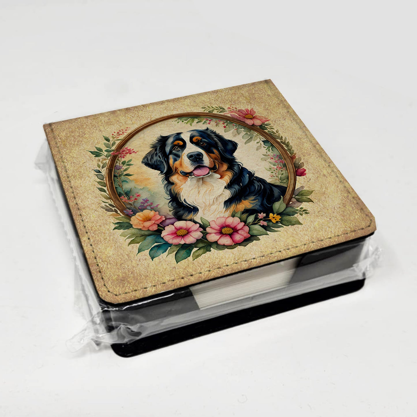 Bernese Mountain Dog and Flowers PU Leather Note Paper Holder