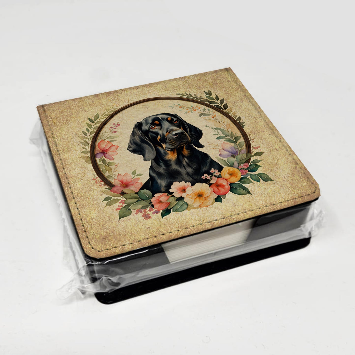 Black and Tan Coonhound and Flowers PU Leather Note Paper Holder