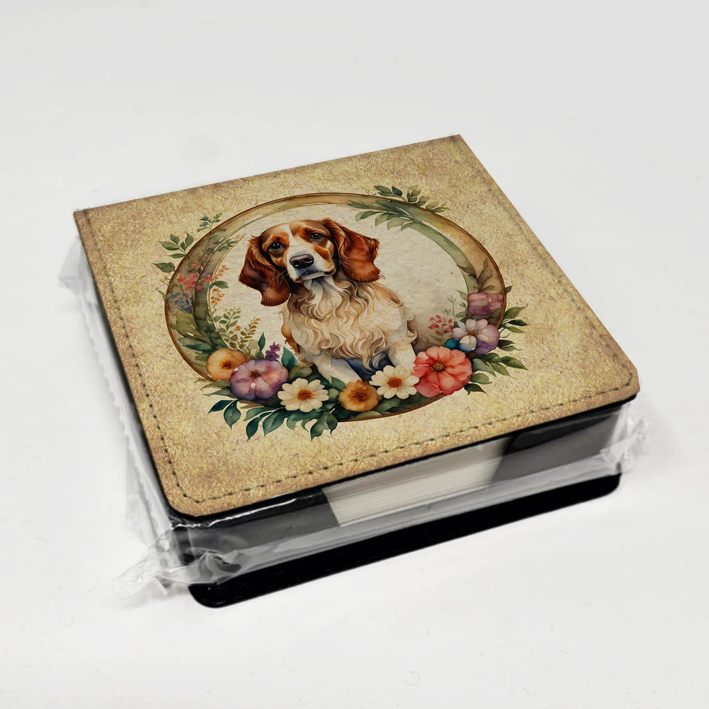 Brittany Spaniel and Flowers PU Leather Note Paper Holder