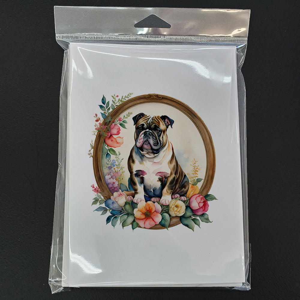 English Bulldog and Flowers Greeting Cards Pack of 8