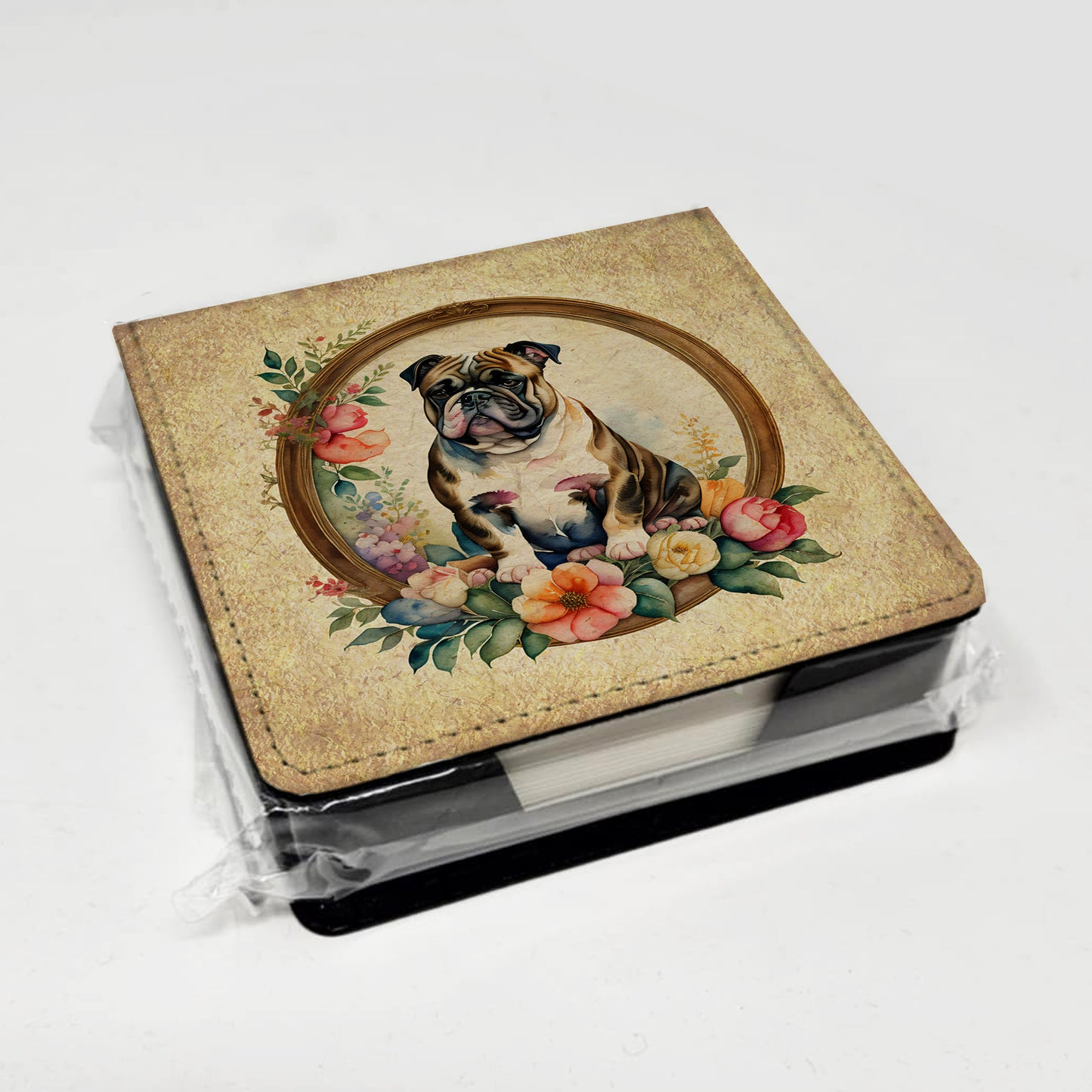 English Bulldog and Flowers PU Leather Note Paper Holder