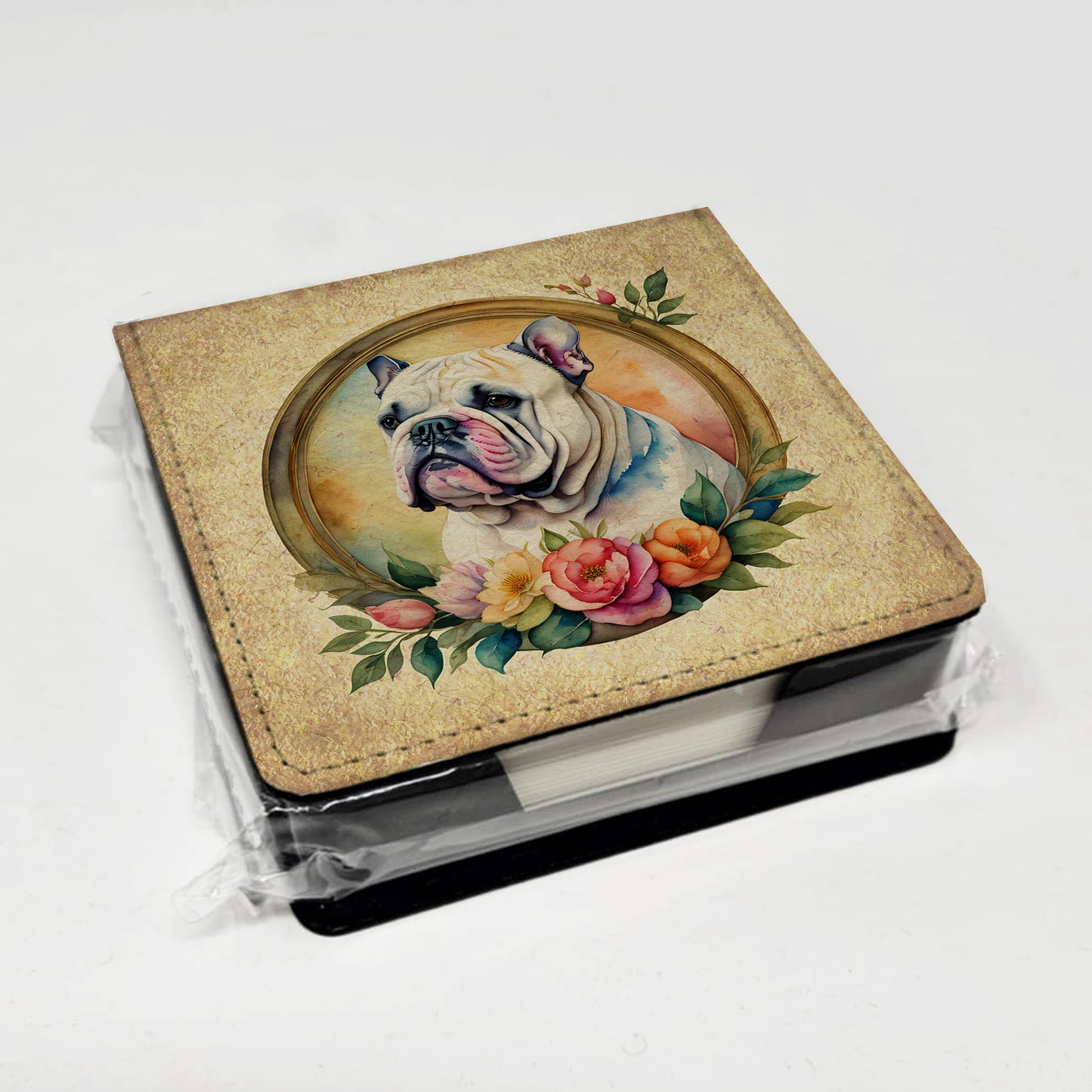 English Bulldog and Flowers PU Leather Note Paper Holder