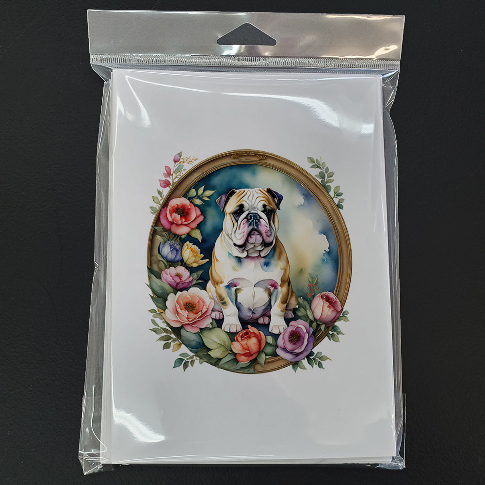 English Bulldog and Flowers Greeting Cards Pack of 8