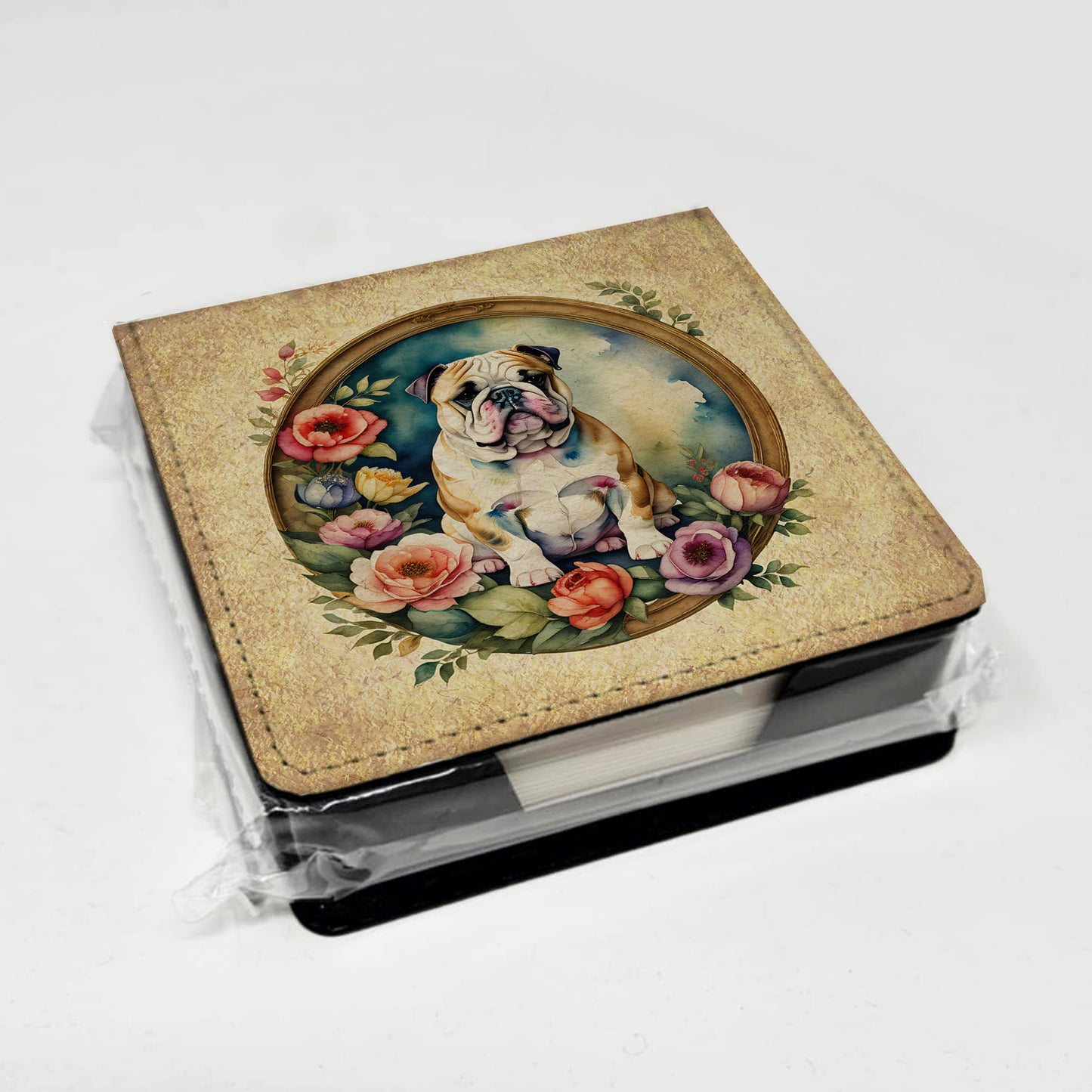 English Bulldog and Flowers PU Leather Note Paper Holder