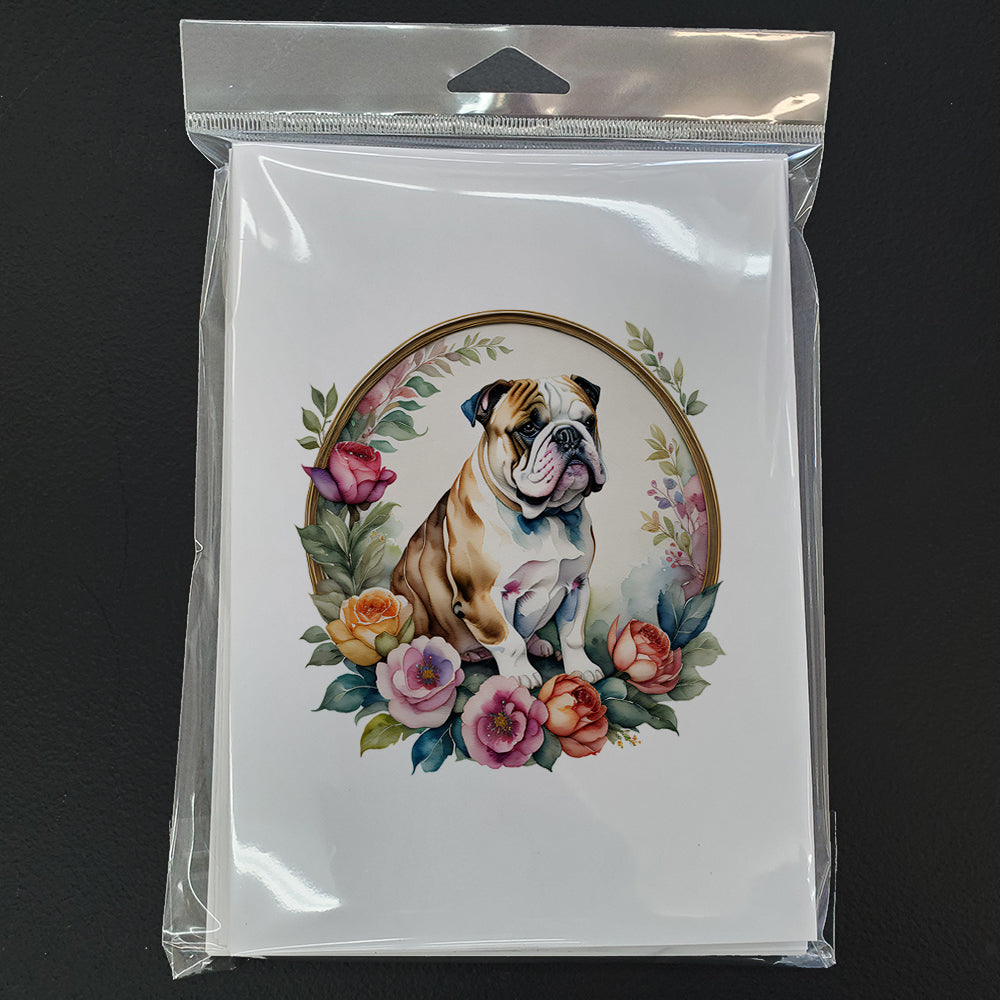 English Bulldog and Flowers Greeting Cards Pack of 8