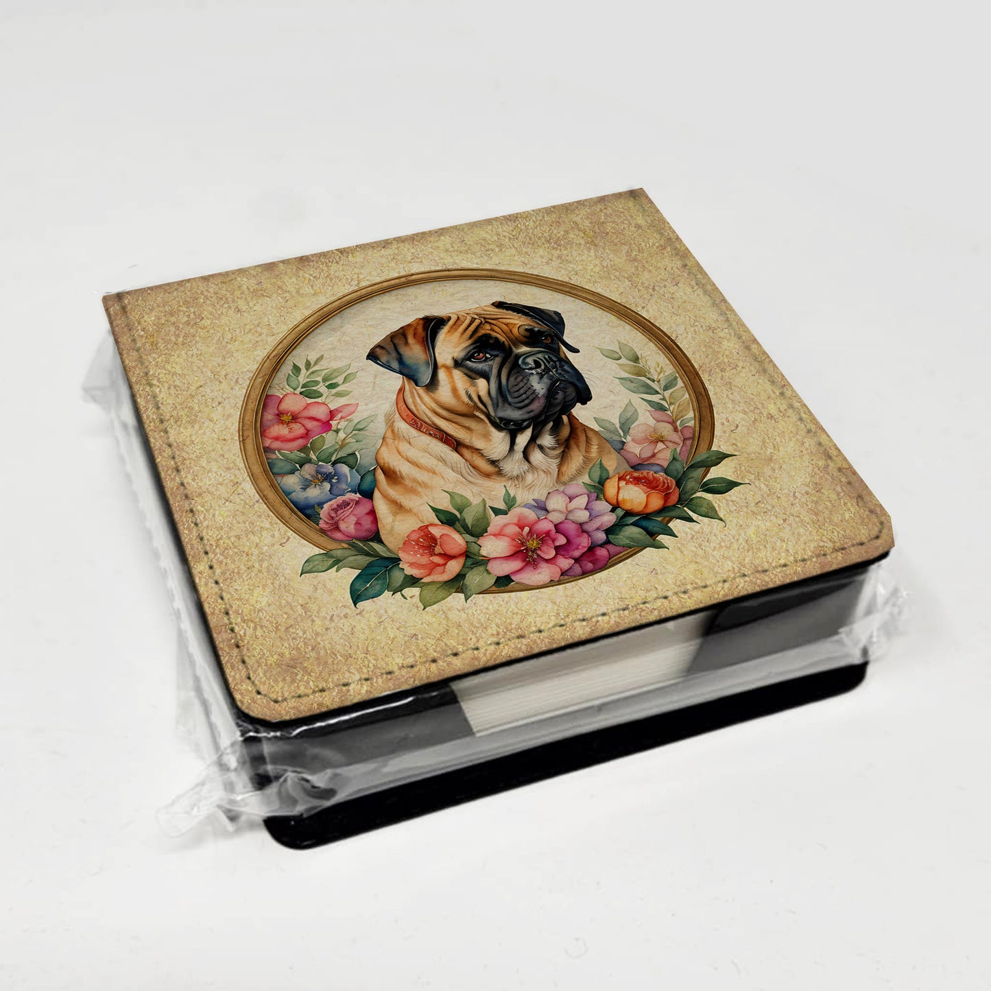 Bullmastiff and Flowers PU Leather Note Paper Holder