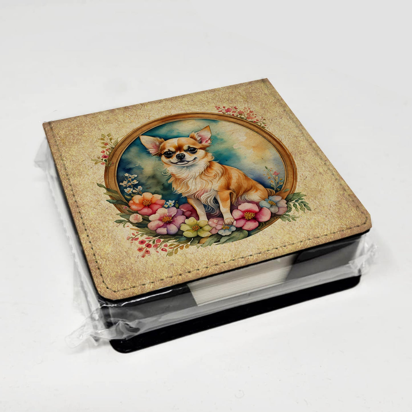 Chihuahua and Flowers PU Leather Note Paper Holder