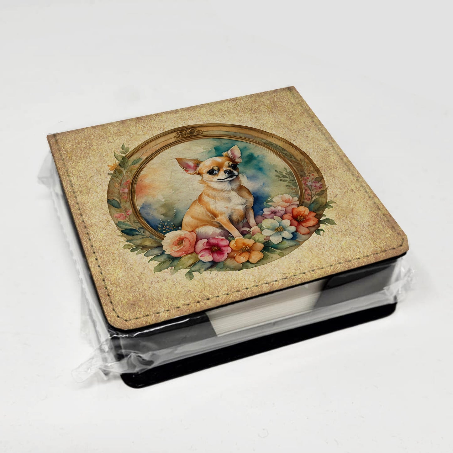 Chihuahua and Flowers PU Leather Note Paper Holder